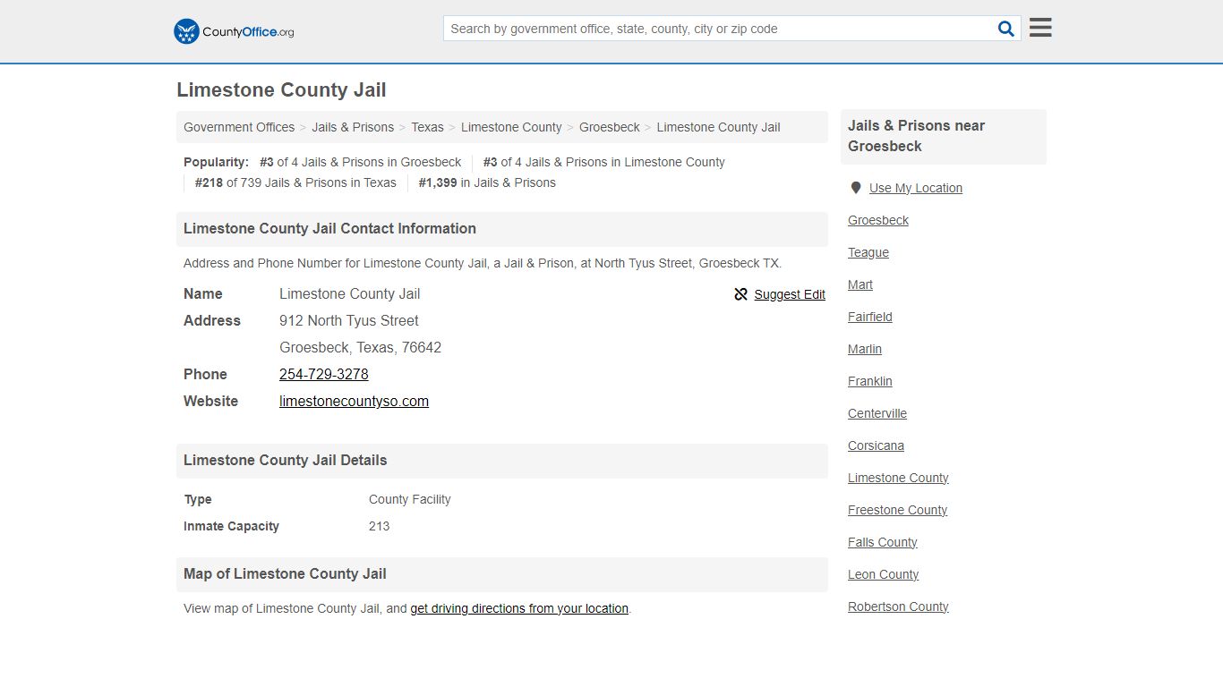 Limestone County Jail - Groesbeck, TX (Address and Phone)